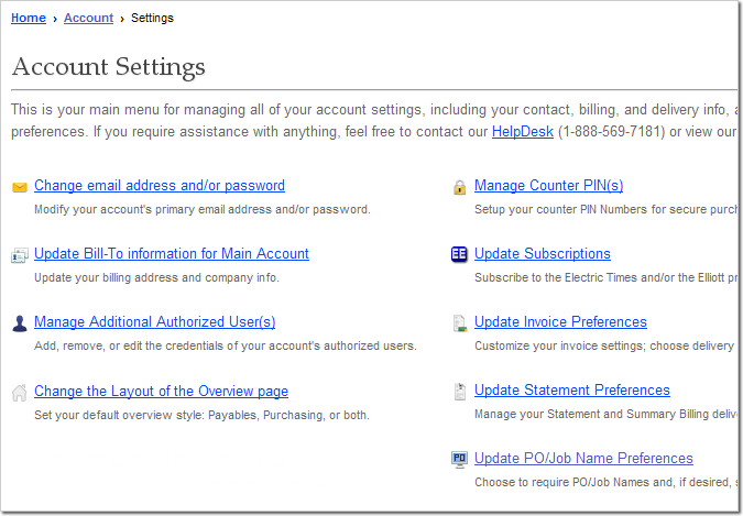 Elliott Online Account Settings Menu